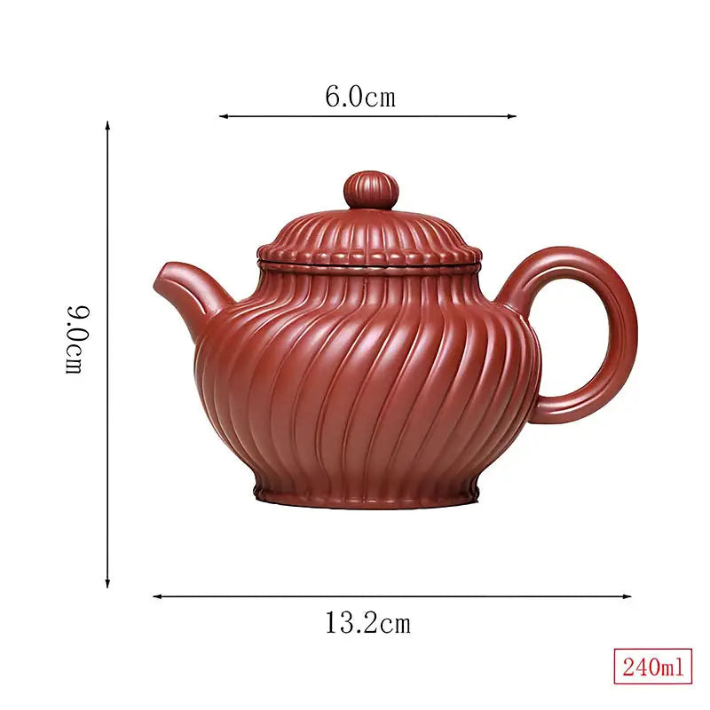 Red-brown handmade Yixing Zisha teapot with dimensions from Crimson Spiral Harmony
