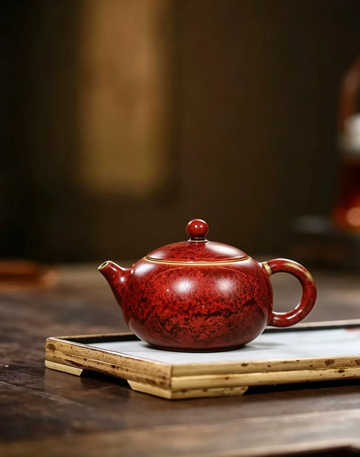 Crimson Xishi Jun Teapot — profile view