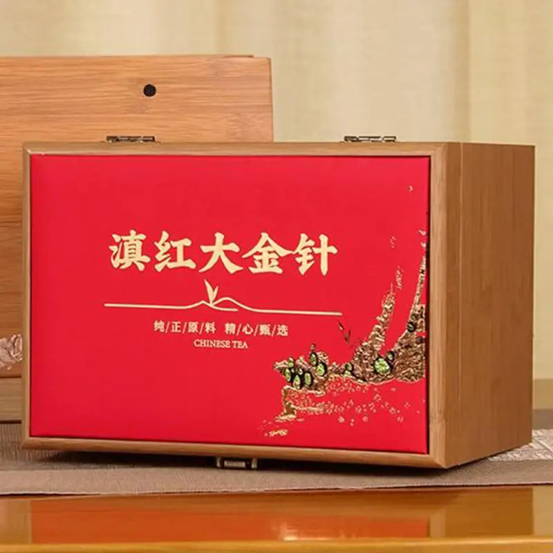 Red and gold tea box for Da Jin Zhong Black Tea Leaves, perfect for teapots and tea sets