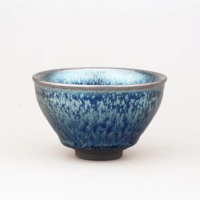 Deep Ocean blue and silver glazed ceramic bowl ideal for Jian Zhan tea and Gongfu tea brewing