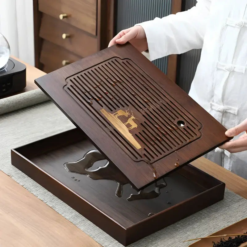 Deer Whisper Bamboo Gongfu Tea Tray with Drainage Design for Elegant Tea Serving
