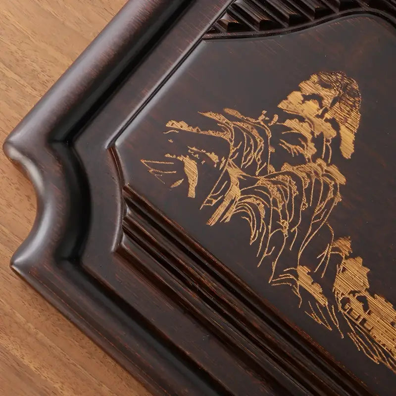 Dark wooden Tea Tray with Gold Mountain Design for Gongfu Tea and Distant Mountains style