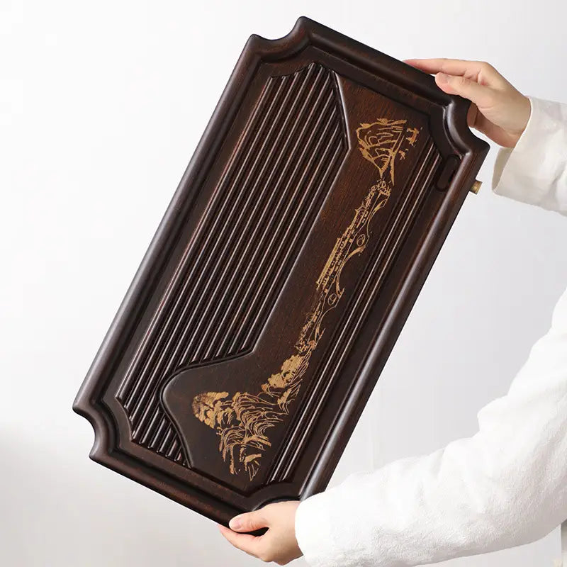 Ornate wooden tea tray with Distant Mountains design perfect for Gongfu tea ceremonies