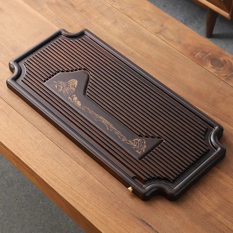 Rectangular bamboo tea tray with carved design inspired by Distant Mountains for Gongfu Tea