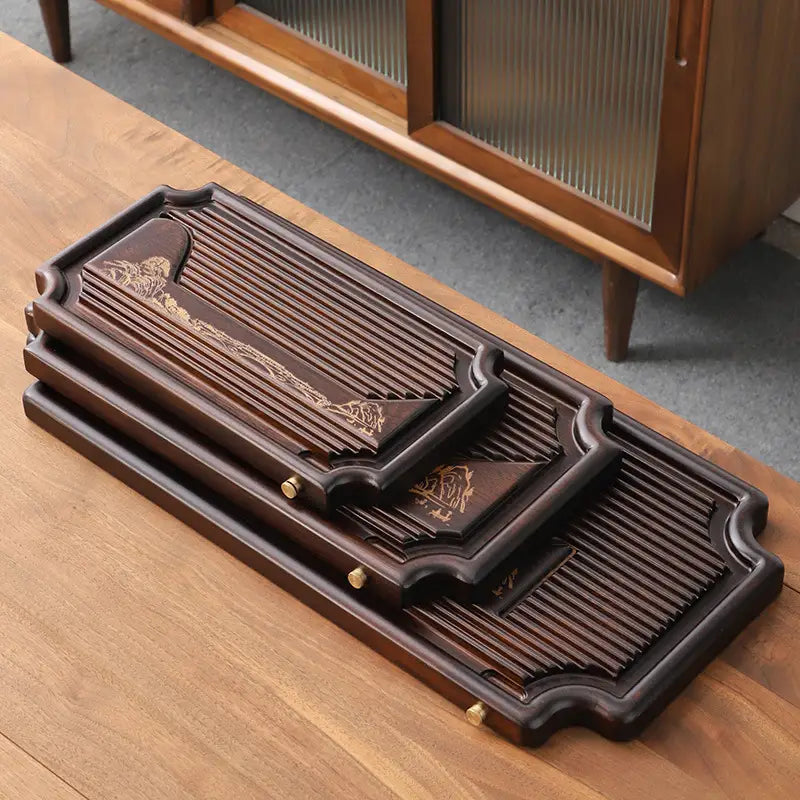 Stacked dark wooden tea tray set for gongfu tea, inspired by Distant Mountains design