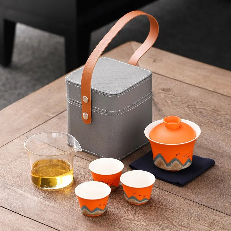 Distant mountains ceramic gaiwan travel tea set with pitcher, four cups and square case – photo 1