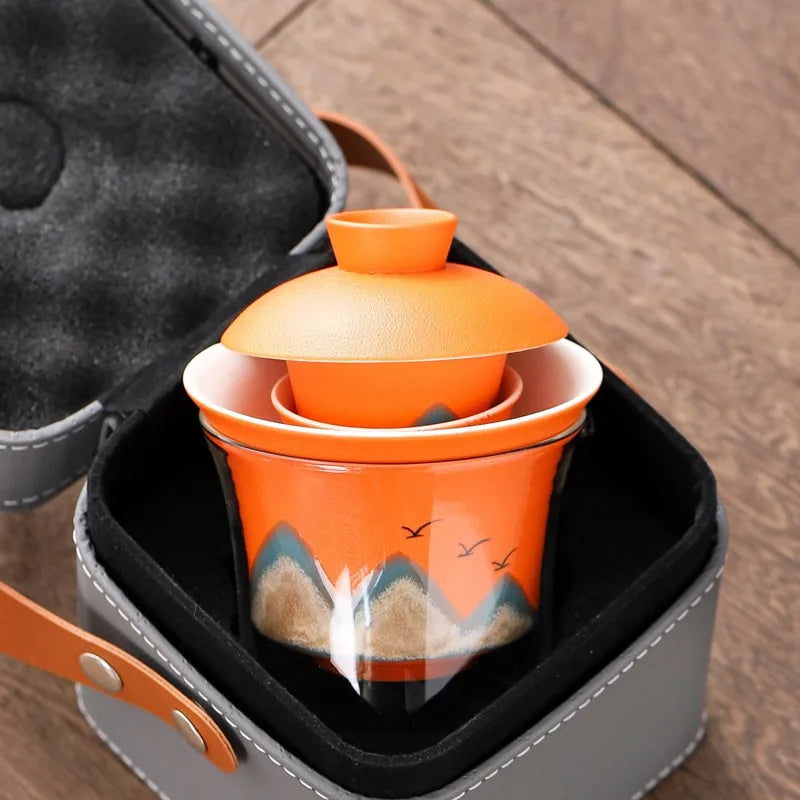 Distant mountains ceramic gaiwan travel tea set with pitcher, four cups and square case – photo 2