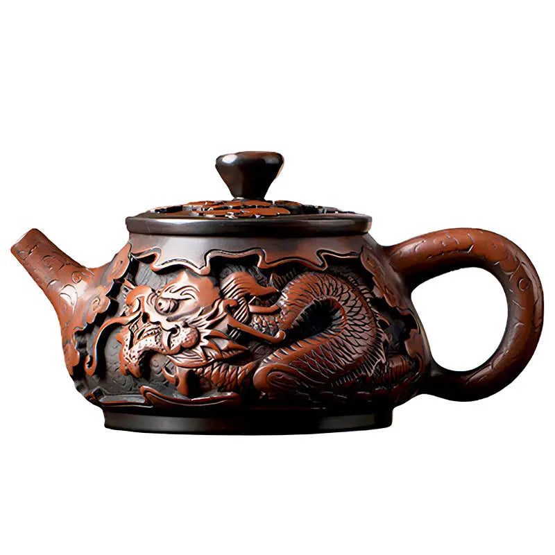 Ornate dragon motif teapot made from Jianshui Zitao clay featuring intricate design
