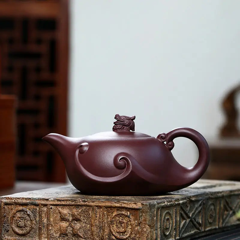 Maroon Dragon Crest teapot featuring sculpted dragon Yixing Zisha design, 220ml crest teapot