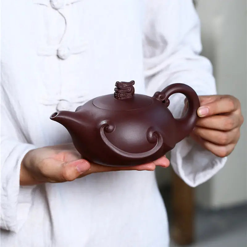Brown ceramic Dragon Crest Teapot with ornate handle, sculpted dragon Yixing Zisha, 220ml crest teapot