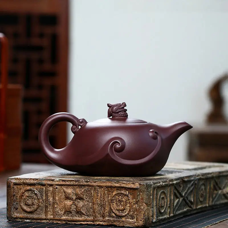 Maroon clay Dragon Crest teapot with sculpted dragon Yixing Zisha lid 220ml
