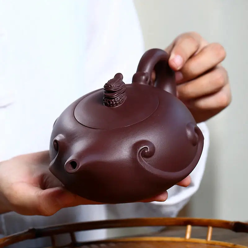 Maroon Dragon Crest Teapot with Sculpted Dragon Yixing Zisha, 220ml Crest Teapot