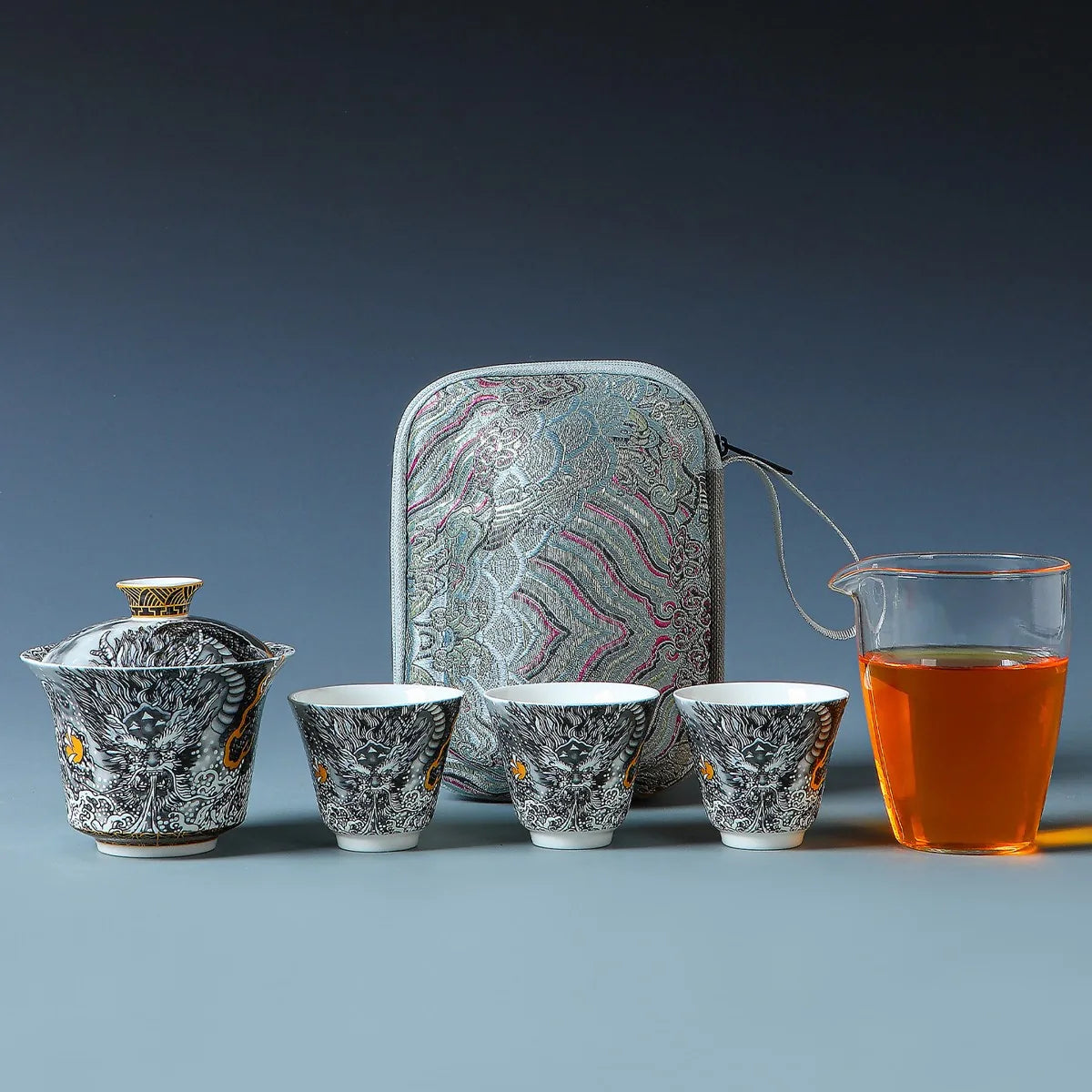 Dragon porcelain gaiwan travel tea set with pitcher, cups and travel case – photo 1