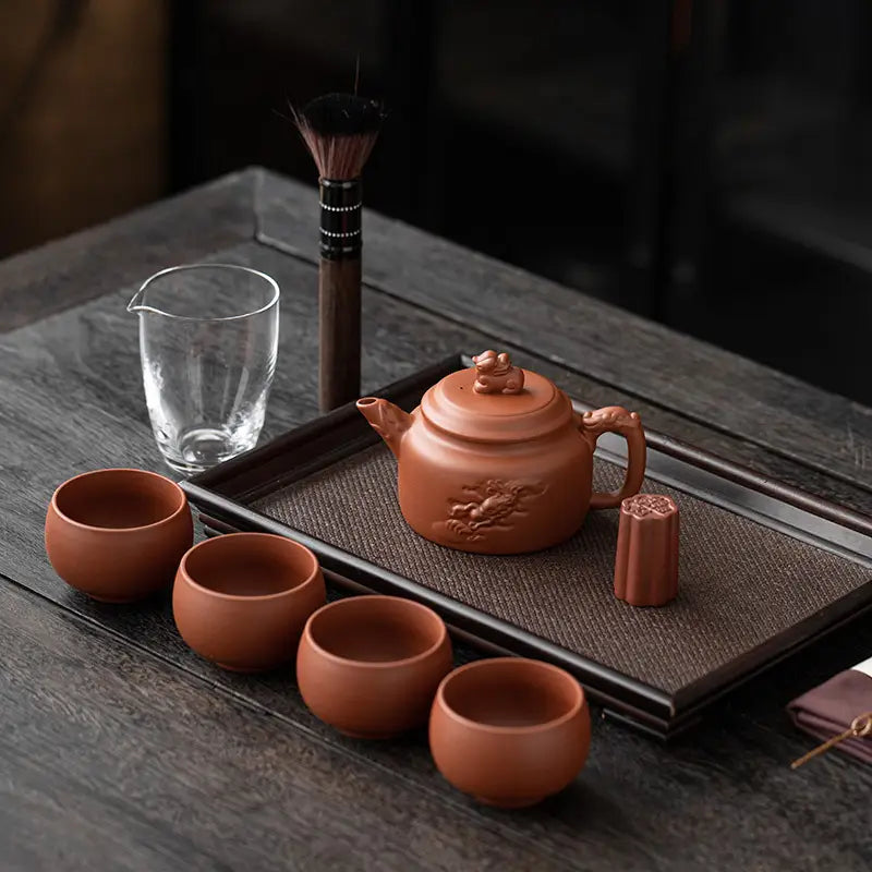 Earthenware Dragon Guardian Tea Set, Yixing Zisha Teaware Set for Traditional Tea Ceremony