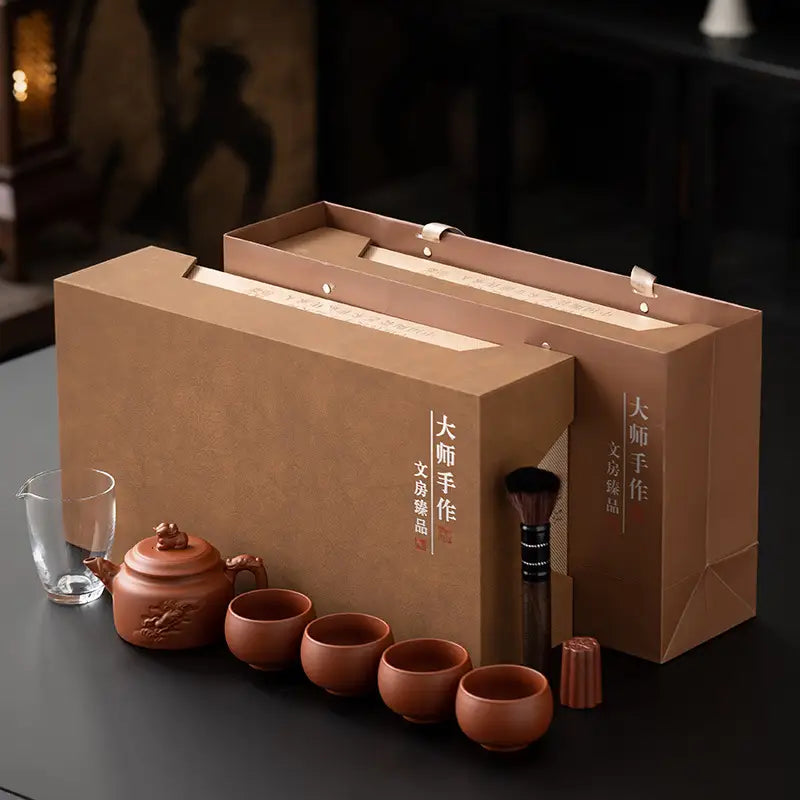 Dragon Guardian Teaware Set with gift boxes featuring Yixing Zisha teapots and cups