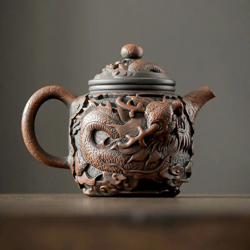 Ornate brown Dragon King teapot crafted in Jianshui Zitao Jianshui pottery