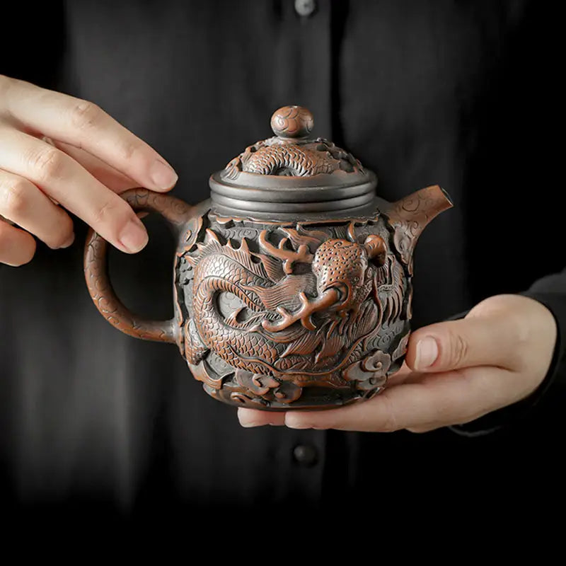 Ornate Dragon King II teapot with dragon carvings in Jianshui Zitao pottery style