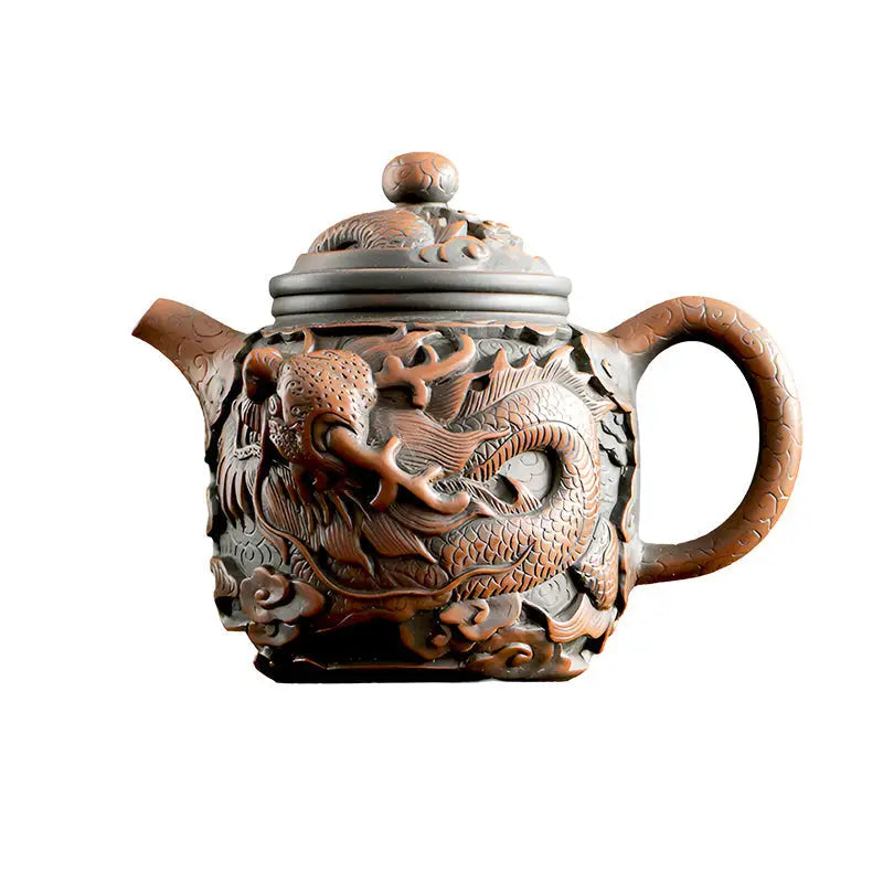 Ornate Dragon King II teapot made from Jianshui Zitao pottery featuring dragon carvings