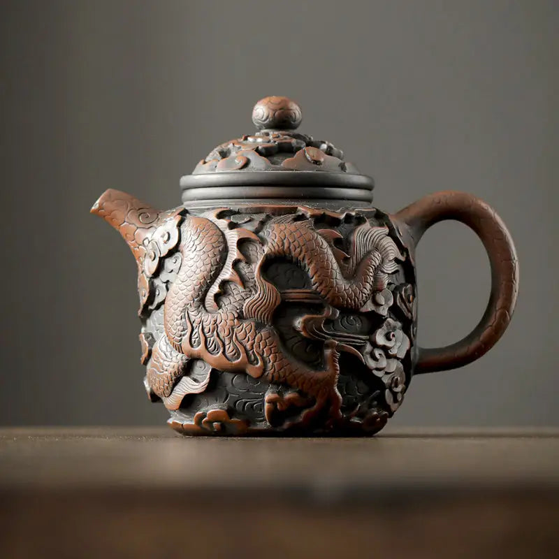 Ornate Dragon King II teapot crafted from Jianshui Zitao clay in Jianshui pottery style