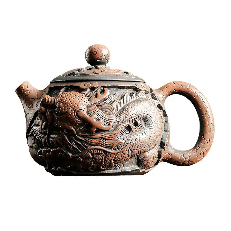 Ornate brown Jianshui Zitao clay teapot with hand-carved dragon relief showcasing dragon symbolism