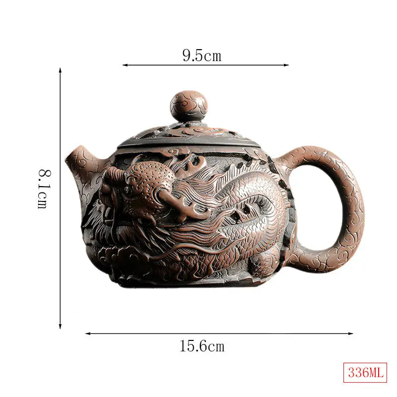 Brown dragon-themed teapot made from hand-carved Jianshui Zitao clay with detailed dimensions