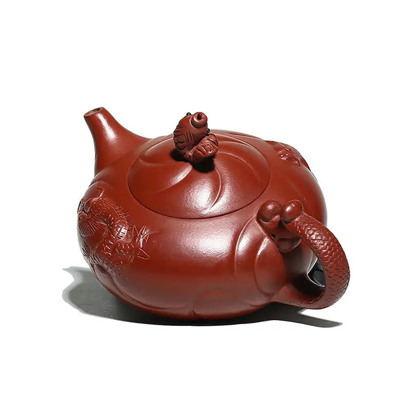 Reddish-brown Yixing Zisha Clay Teapot with Dragon Handle and Carp Ascending Lid
