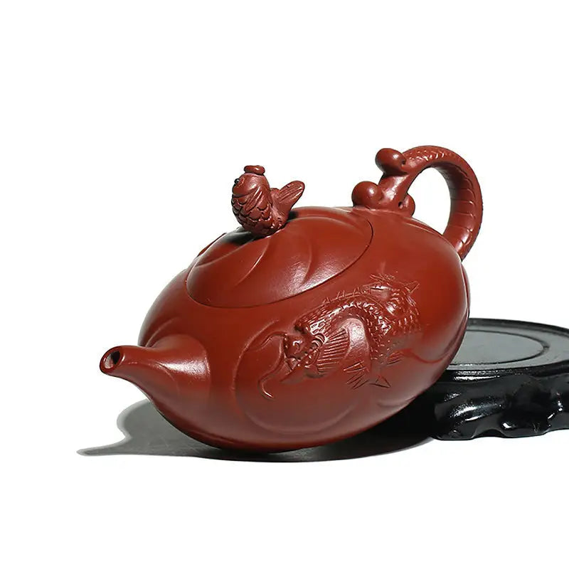 Reddish-brown Yixing Zisha Clay Teapot with Dragon & Carp Ascending Fish Handle