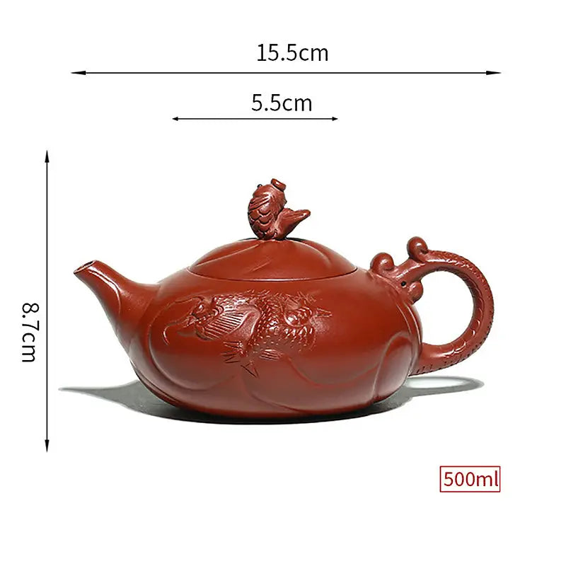 Reddish-brown Yixing Zisha Clay teapot with dragon and carp ascending design for Dragon & Koi Fish