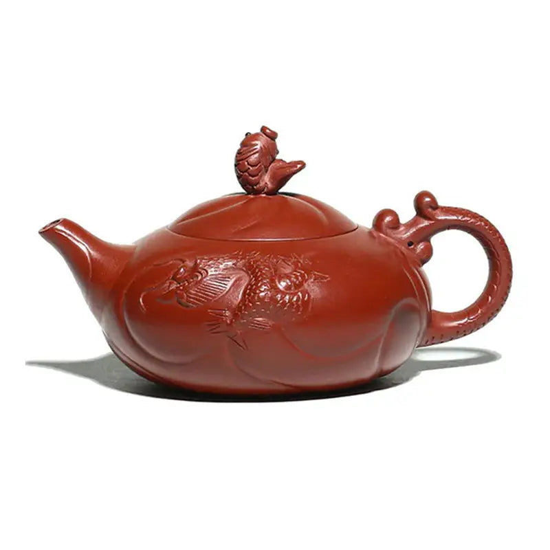 Reddish-brown Yixing Zisha Clay Teapot with Dragon Handle and Carp Ascending Design