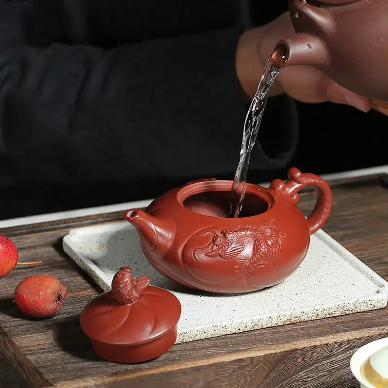 Reddish-brown Dragon & Koi Fish Yixing Teapot in Zisha Clay with Carp Ascending design