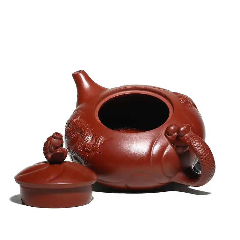 Reddish-brown Dragon & Koi Fish Yixing Teapot made from Zisha clay with lid