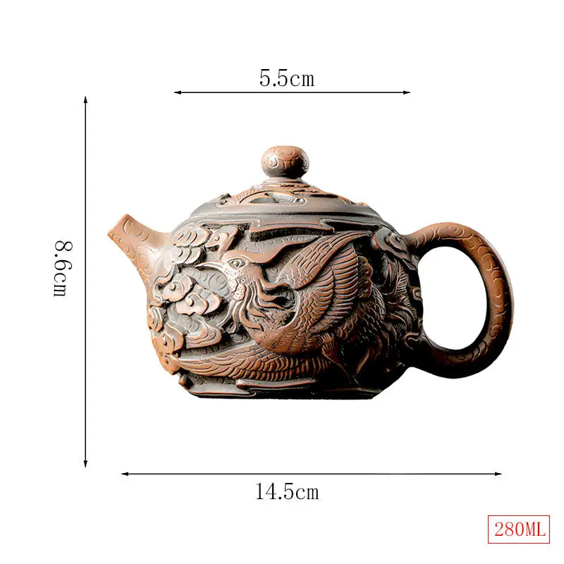 Ornate brown Jianshui Zitao teapot with dimensions from Dragon & Phoenix Dancing