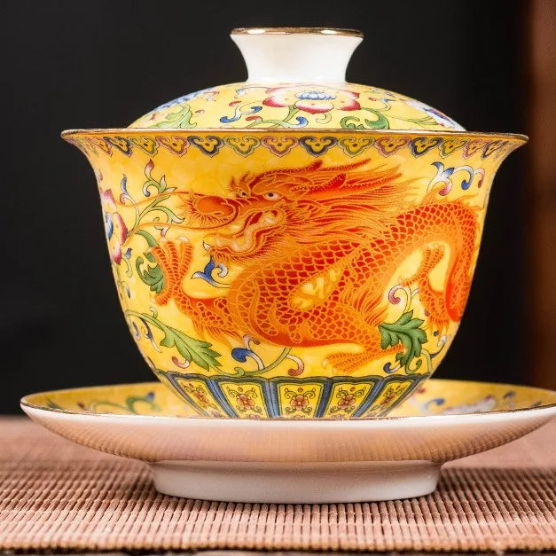 Dragon or Phoenix Falangcai-Style Gaiwan – Golden Yellow / Dragon