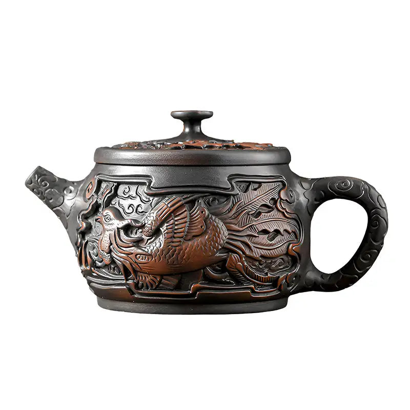 Ornate brown and black Jianshui Zitao teapot from Dragon & Phoenix for Zitao tea brewing