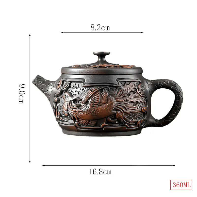 Ornate brown and black Jianshui Zitao teapot from Dragon & Phoenix for Zitao tea brewing