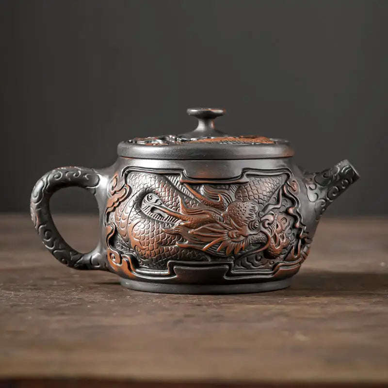 Dragon-adorned ceramic teapot from the Dragon & Phoenix Zitao Tea Pot collection in purple clay Gongfu tea style