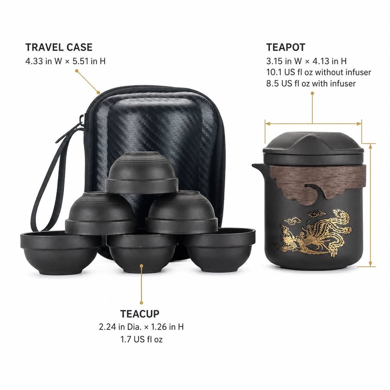 Zisha travel tea set with one teapot, six cups, case, and dimensions