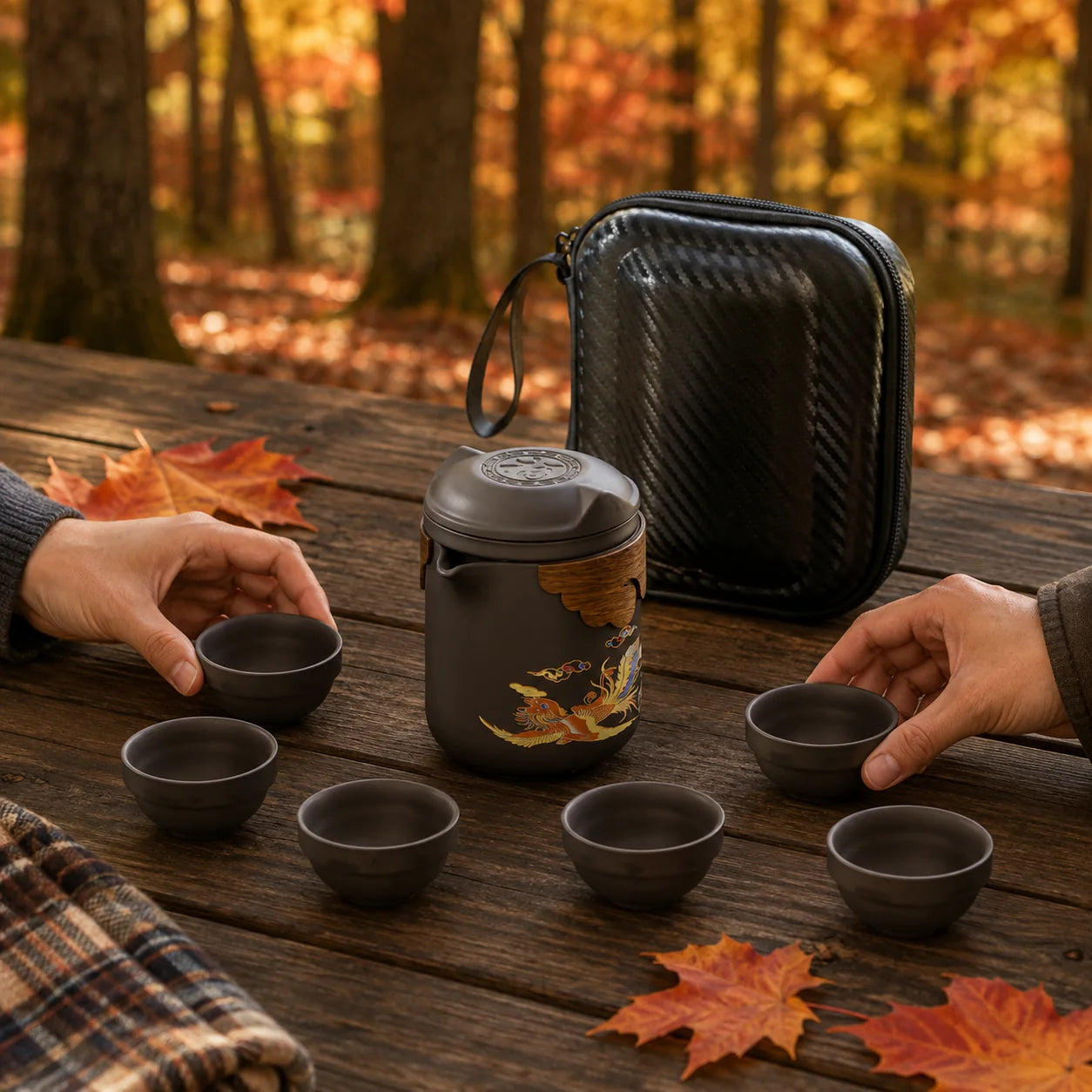 Portable dragon and phoenix tea set at an autumn forest picnic