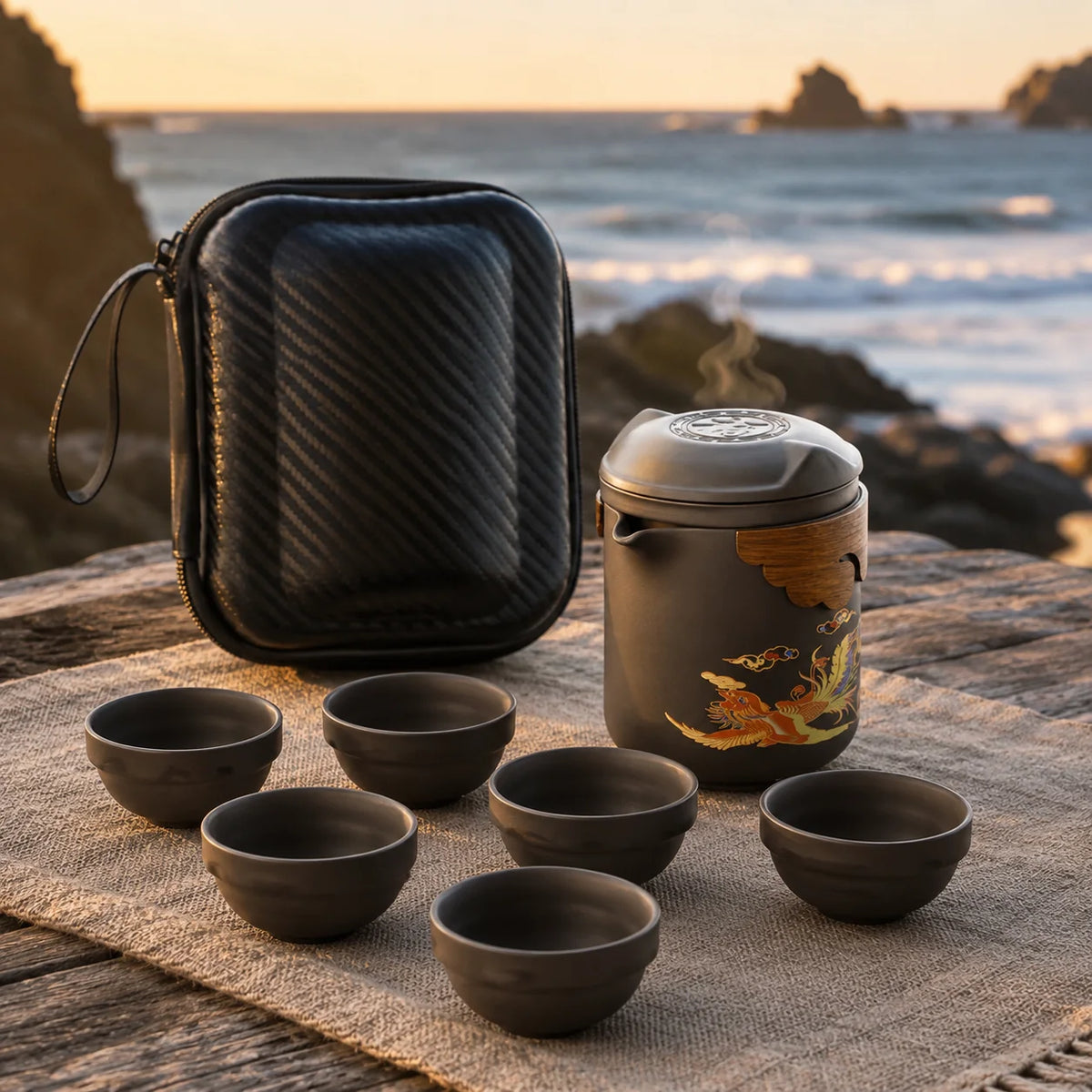 Dragon and phoenix portable tea set at a coastal sunset