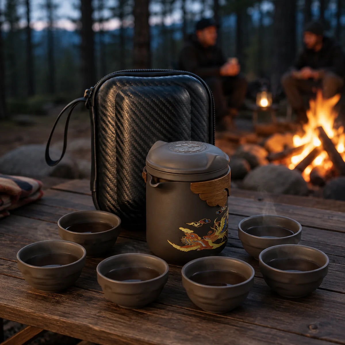 Portable dragon and phoenix tea set beside a campfire