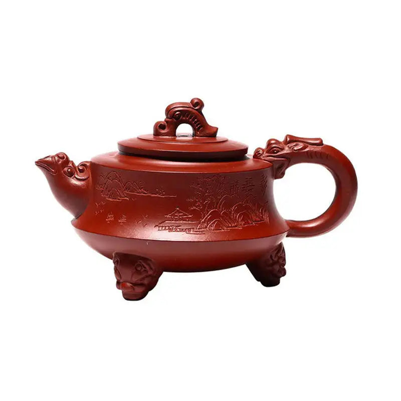 Red-brown ceramic Dragon Tripod teapot with dragon-shaped handle and spout for gongfu tea