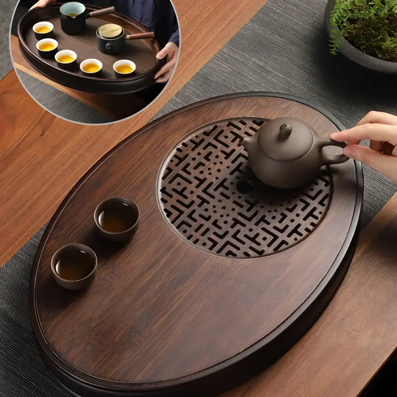 Oval bamboo gongfu tray for tea serving on Echo of Stillness product display