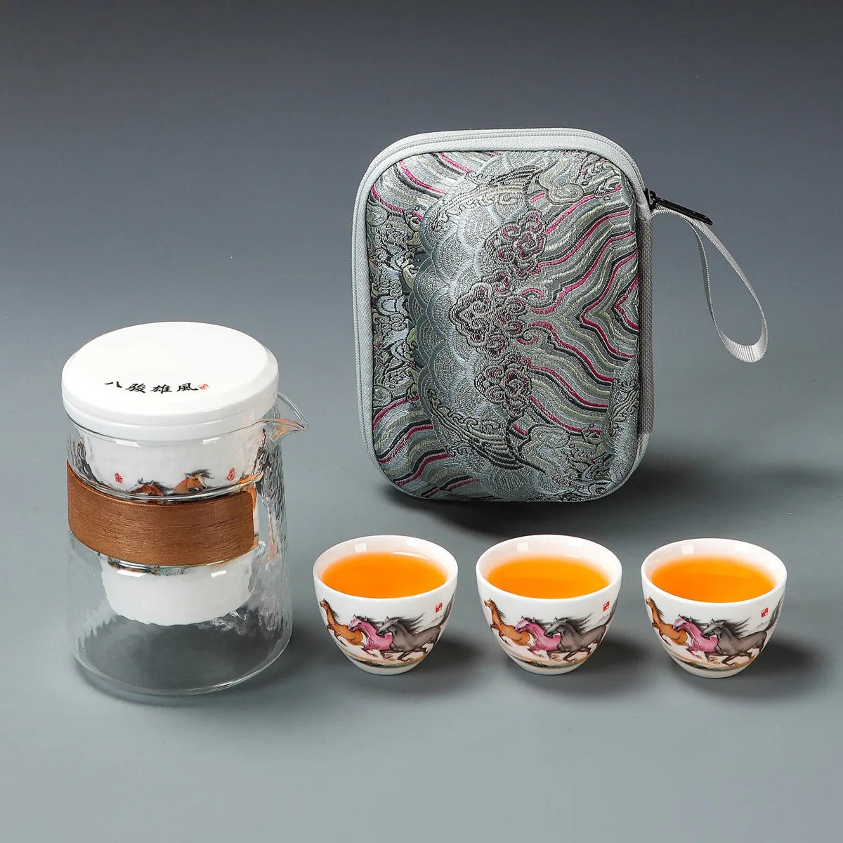 Eight horses travel tea set with glass brewing pot, four porcelain cups and zip case – photo 1