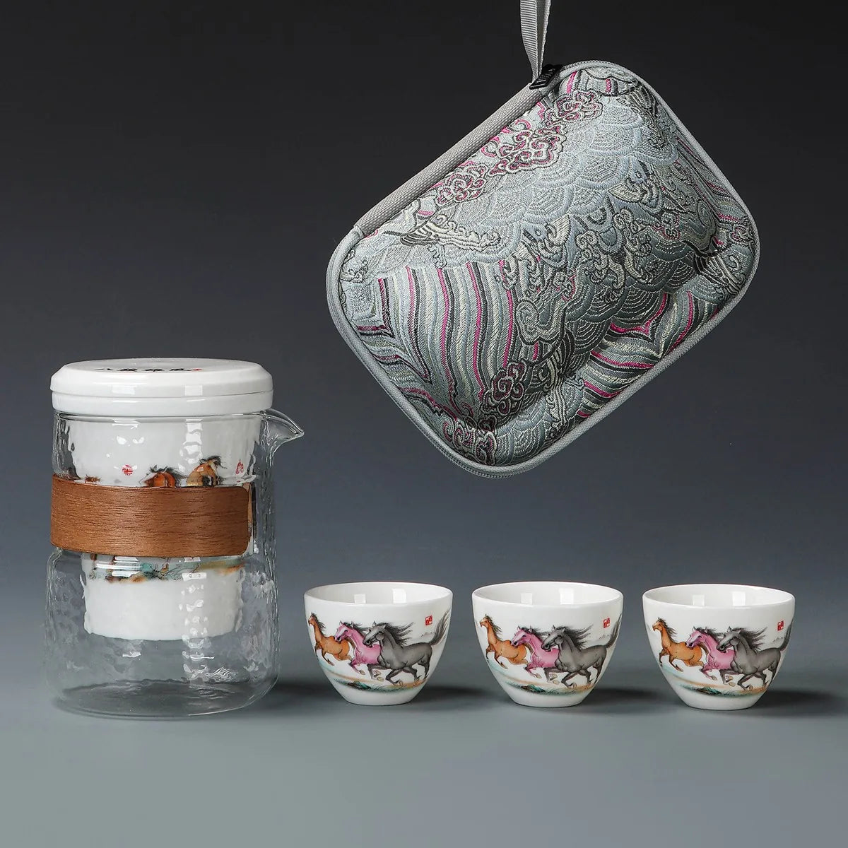 Eight horses travel tea set with glass brewing pot, four porcelain cups and zip case – photo 2