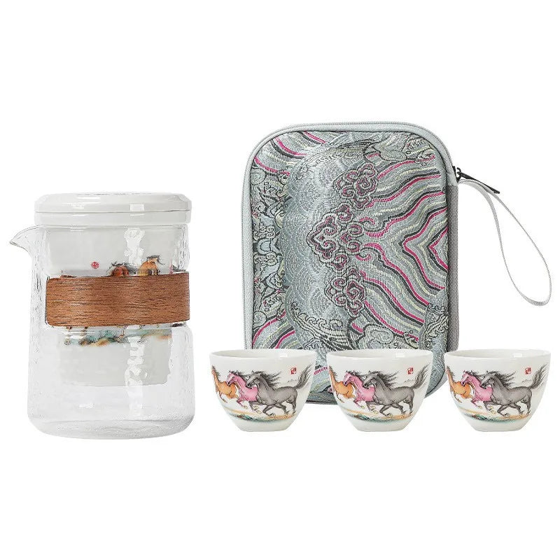 Eight horses travel tea set with glass brewing pot, four porcelain cups and zip case – photo 5