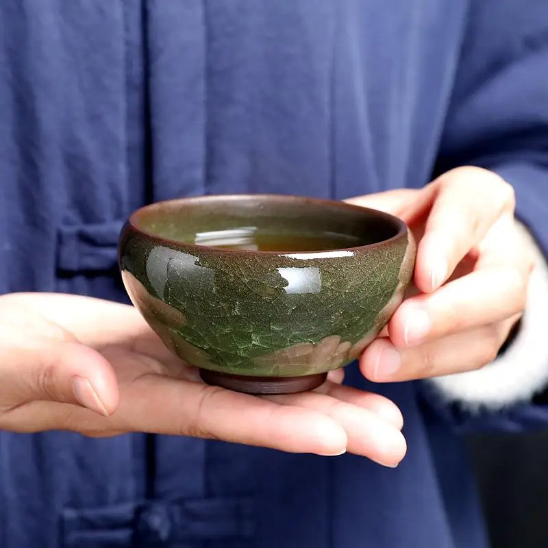 Green ceramic teacup with crystalline green glaze from Emerald Jian Zhan 130ml ceremonial vessel