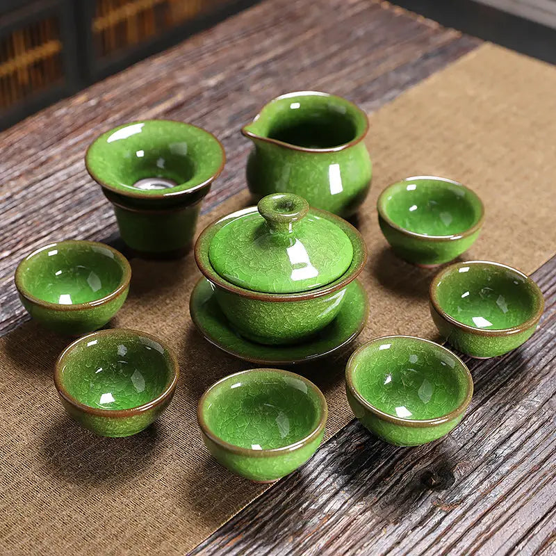 Green ceramic Emerald Tea Set with crackle glaze for authentic Gongfu tea brewing