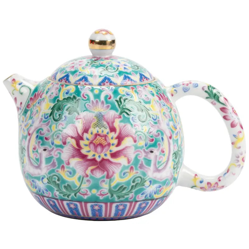 Ornate floral teapot showcasing imperial enamel porcelain in Jingdezhen enamel art style
