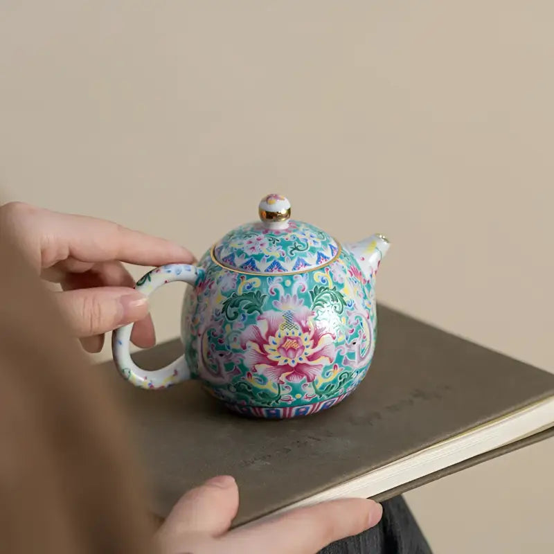 Floral patterned imperial enamel porcelain teapot showcasing Jingdezhen enamel art and royal Chinese design