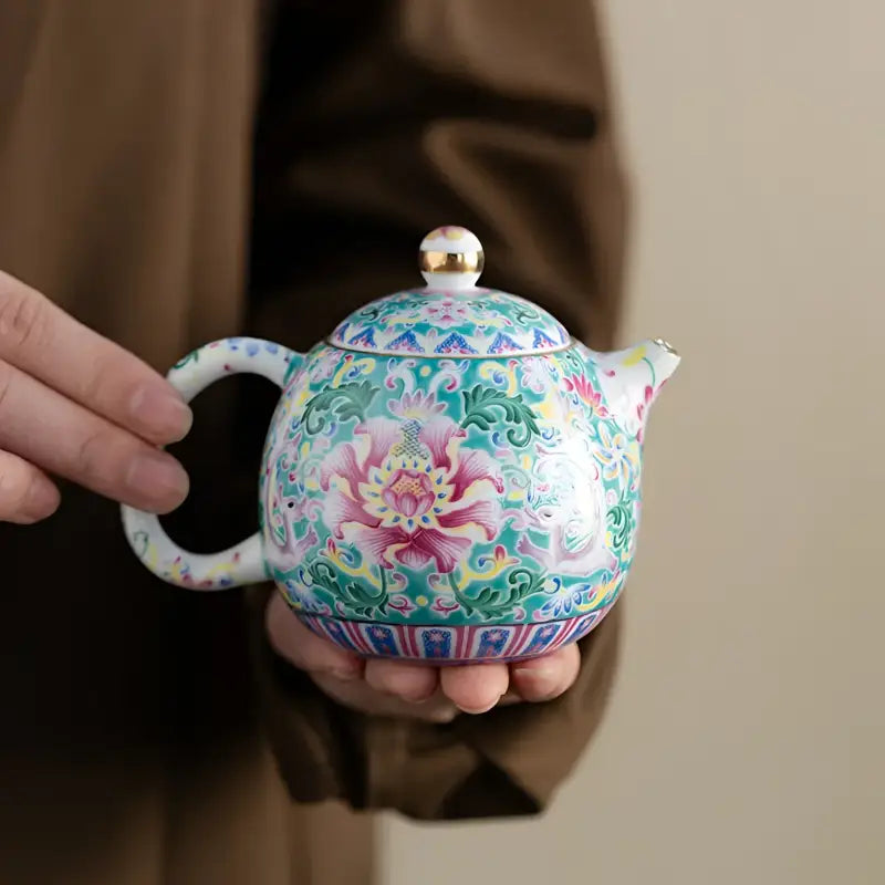 Floral-patterned imperial enamel porcelain teapot showcasing Jingdezhen enamel art in royal Chinese style